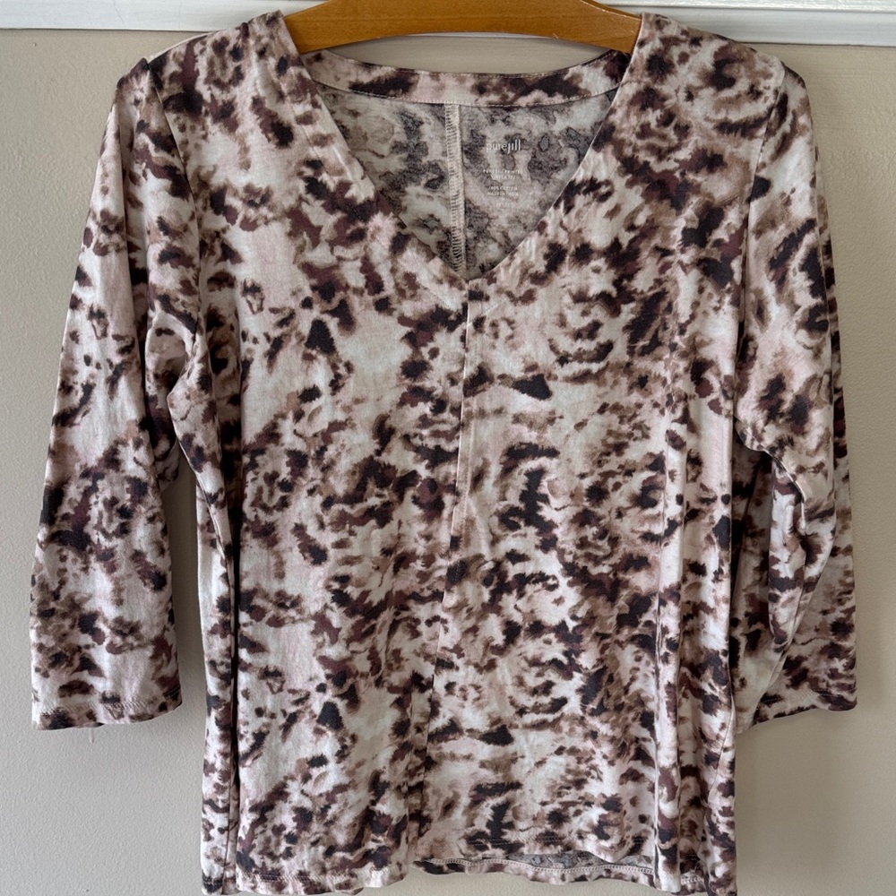 Pure Jill Printed V-Neck 3/4 Sleeve Top - Brown/Beige/Pink